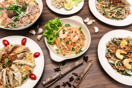 popular traditional vietnamese food dishes on restaurant table in hanoi vietnam