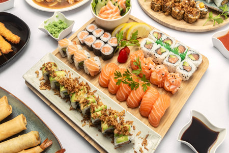 mixed sushi plate moriawase meal on plate in japanese restaurant on white backgroundの写真素材