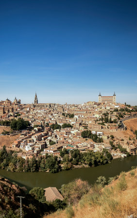 scenic view of historical toledo city old town in spain on sunny dayの写真素材