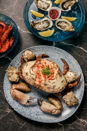 Sapateira Recheada traditional Portuguese stuffed crab meal with mixed seafood side dishes on gourmet restaurant indoors table in Lisbon Portugalの写真素材