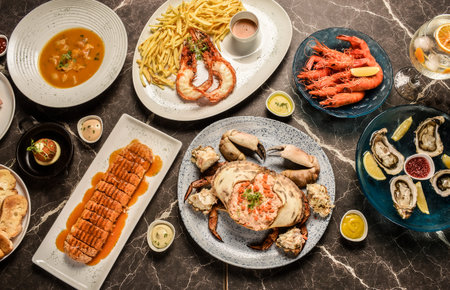 mixed traditional portuguese fresh seafood meal on indoors lisbon restaurant table in portugal