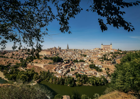 scenic view of historical toledo city old town in spain on sunny dayの写真素材