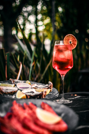 red wine sangria and spanish galician seafood snacks at sunset in santiago de compostela spain outdoorsの写真素材
