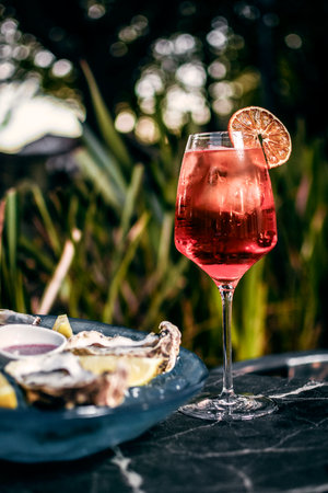 red wine sangria and spanish galician seafood snacks at sunset in santiago de compostela spain outdoorsの写真素材