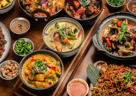 many different thai food dishes on table in modern restaurant indoors in bangkok thailandの写真素材