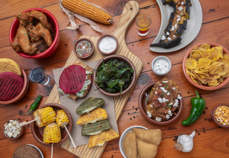 mixed traditional colombian and venezuelan food meal spread on wooden restaurant tableの写真素材