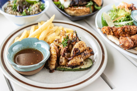 mediterranean style grilled squid with escabeche sauce and fries on white table at ibiza spain...
