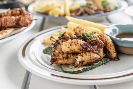 mediterranean style grilled squid with escabeche sauce and fries on white table