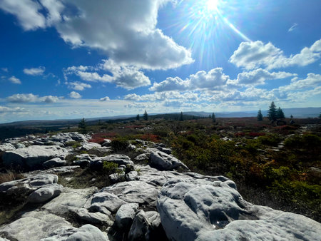 Scenic view of distant mountains with large rocks in Dolly Sodsの写真素材