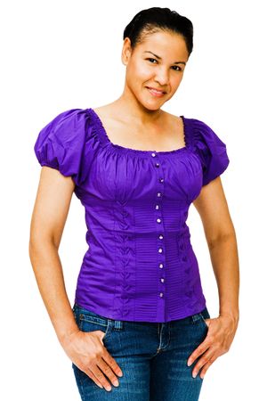 Woman smiling and posing isolated over whiteの写真素材