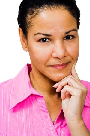 Portrait of a young woman smiling and posing isolated over whiteの写真素材