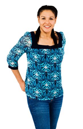 Close-up of a young woman posing and smiling isolated over whiteの写真素材