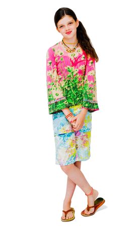 Portrait of a girl posing and smiling isolated over whiteの写真素材