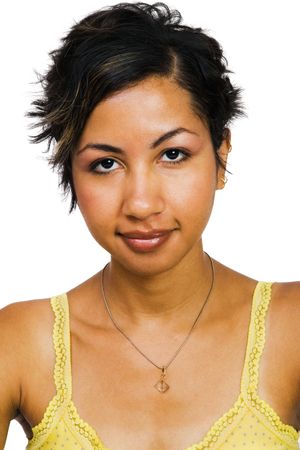 Woman posing and smiling isolated over whiteの写真素材