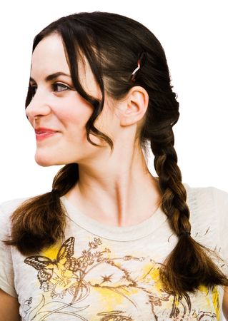 Beautiful young woman smiling isolated over whiteの写真素材