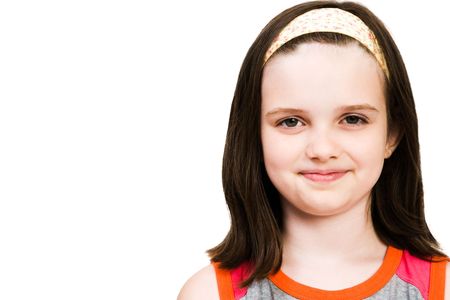 Portrait of a girl smiling isolated over whiteの写真素材