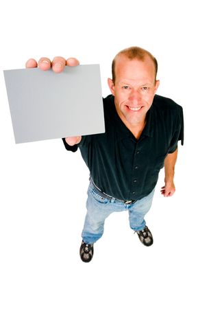 Portrait of a man showing a placard isolated over whiteの写真素材