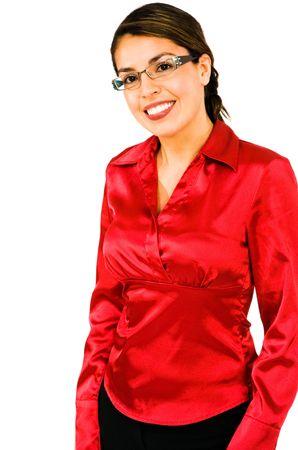 Mid adult woman smiling and posing isolated over whiteの写真素材