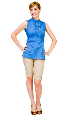 Smiling young woman posing isolated over whiteの写真素材