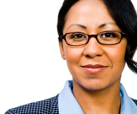 Smiling businesswoman posing isolated over whiteの写真素材
