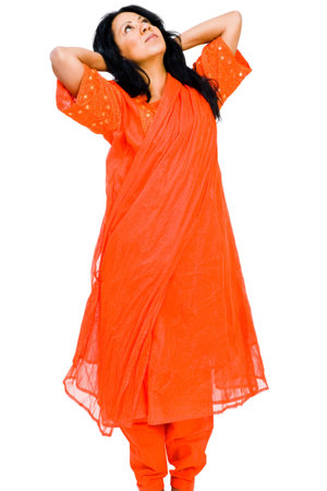 Serious woman thinking and posing isolated over whiteの写真素材