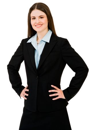 Close-up of a businesswoman smiling isolated over whiteの写真素材