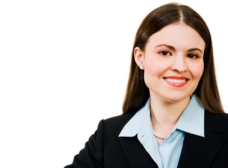 Happy businesswoman posing isolated over whiteの写真素材