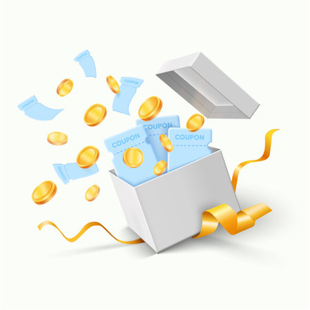 Gift box, coupons, gold coins pouring out. Gift box is opening. Many vouchers, coupons are flying. Many gold coins are flying. Gift box full of gold coins an coupons illustrationのイラスト素材