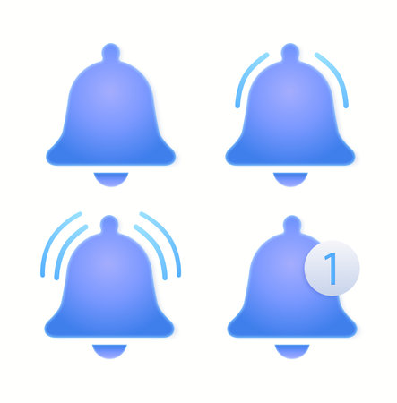 3d notification bell icon set isolated on white background. 3d render yellow ringing bell with new notification for social media reminder. Realistic vector iconのイラスト素材