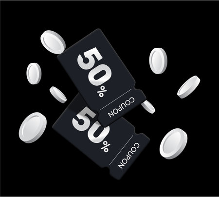 Black Friday sales tag. Voucher card cash back template design with coupon code promotion. Premium special price offers sale coupon. Vector gift voucher, gold coin. 3d coupon, 3d voucher.のイラスト素材