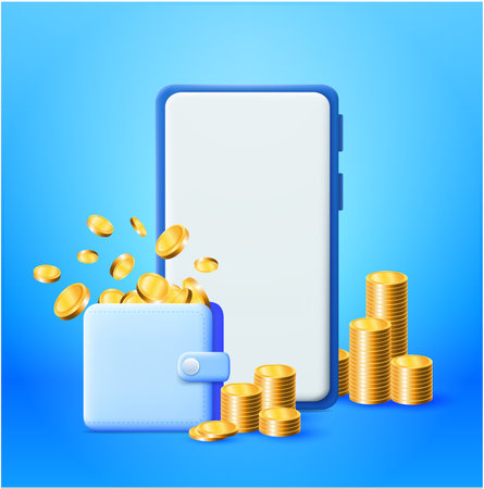 Blue smartphone screen, throws up golden coins and blue wallet, flying coins. Online business marketing. Financial application concpet. 3d vecctor illustration.のイラスト素材