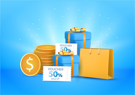 3d Gift box with coupons, voucher, coins and bag, cart concept. Gift boxes, shopping bags. Decorative festive elements, present box surprise. Concept of great discount, suitableのイラスト素材