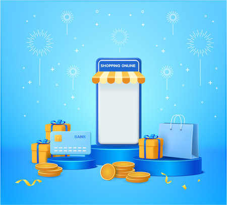 Blue podium with a phone, credit card, gift box, cart, shopping bag and gold coins for the holidays through online shopping or holiday gift surprise or happy new year on fireworkのイラスト素材