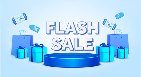 Flash sale text with blue gift box, blue bag, coupons and vouchers on product podium. Shopping online. Sales banner template design for social media and website. 3d Vectorのイラスト素材
