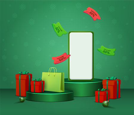 Green round podium with a christmas decorations. Christmas Holida with red gift box, green bag, coupons and vouchers on product podium. Sales banner template design for socialのイラスト素材