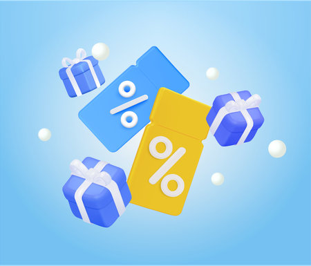 Yellow coupons, blue vouchers have a percentage sign with gift boxes. Benefits coupon in present box, benefit shopping holiday surprise bonus offer discount voucher. 3d vectorのイラスト素材