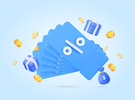 Gift coupons for sale. Discounts for online shopping. For promotion, marketing and advertising in social networks. Blue coupons, vouchers, gift box and coins bag with falling coinsのイラスト素材