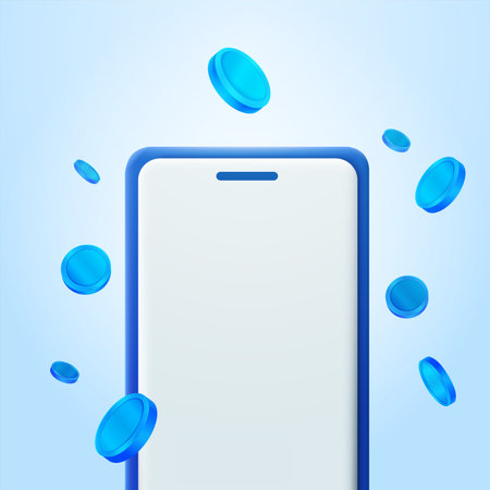 3d vector blue coins explosion effect out from smartphone device screen banner design. Mobile phone with lot of money floating Casino, cash back, win, profit. Blue coins falling onのイラスト素材