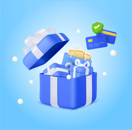 3d giftboxes with shopping bag and credit card. Box opening with bag, coupons, vouchers, debit card and check mark. Promotion marketing, sale marketing, bonus, benefits. 3d vector illustration. Vector illustrationのイラスト素材