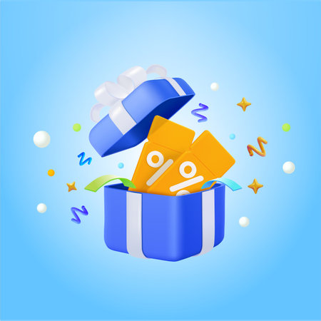 3d vector discount coupon, voucher vector event ticket icon badge, gift box with confetti special voucher concept. Holiday sale, lucky win surprise, benefit reward program offer, online shopping bonus. Vector illustrationのイラスト素材