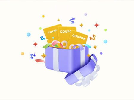 3d Open gift box with voucher, coupon and serpentine ribbon, confetti. Cash surprise box. Money prize reward. Sale promotion, bonus, discount. 3d vector illustration. Vector illustrationのイラスト素材