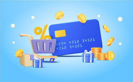 Shopping by using credit card, shopping cart, gift box, coins floating, percentage sign. Online payment and delivery concept. sale banner, bag, discount, social advertising. 3d vector illustration. Vector illustrationのイラスト素材