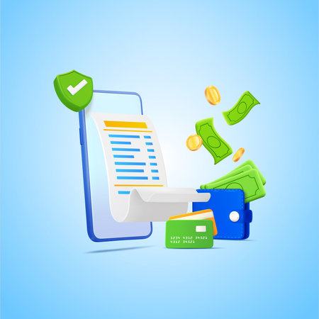 Online payment security concept with smartphone, bank cards, bill, gold coins floating and shield with check mark. Safe financial transfer with mobile phone,money wallet, paper money, coins falling. Vector illustrationのイラスト素材