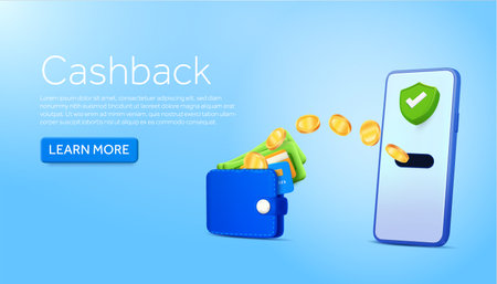 3d coins flying from phone to wallet with banking debit credit cards. Cashback. Banner design concept for online promotion, e-commerce, shopping, advertising. 3D vector illustration. Vector illustrationのイラスト素材