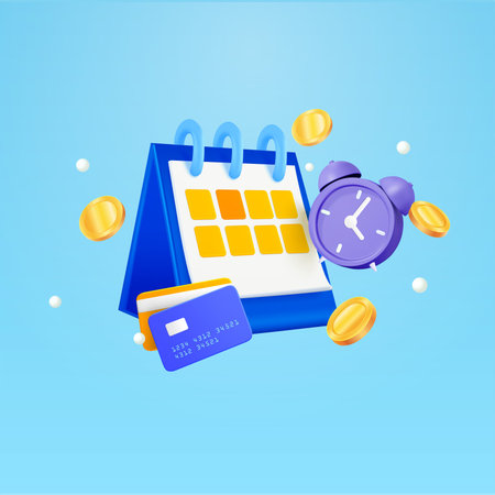 3d calendar and alarm clock with gold coins around. the concept of a reminder of timely payment for services. 3d vector illustration in realistic style isolated on gradient background. Vector illustrationのイラスト素材
