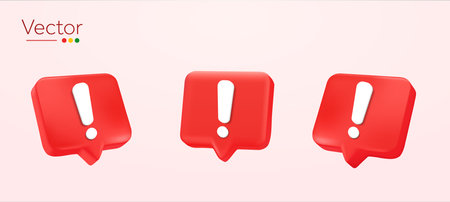 3d red danger attention bell, error marks, emergency notifications, alert on rescue warning icons isolated on background. Design concept for security urgency concept. 3d security vector illustration. Vector illustrationのイラスト素材