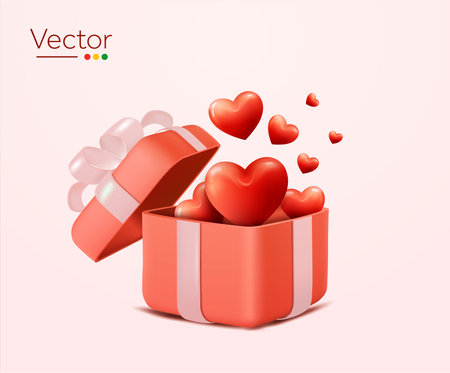 3d opened gift box with floating hearts inside flying out, isolated on background. Design concept for gifts, valentine, love, social media. 3D heart vector illustration. Vector illustrationのイラスト素材