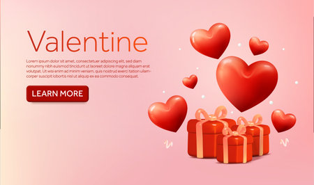 3d flying hearts with gift boxes, isolated on background. Banner design concept with text and call to action button for valentine, love, promotion, social. 3D heart vector illustration. Vector illustrationのイラスト素材