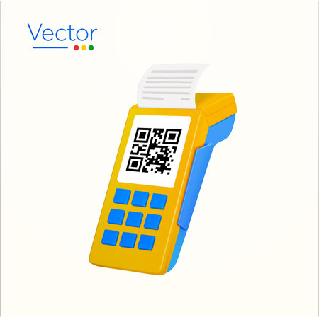 3d pos terminal device with QR code, printing receipt, isolated on white background. Design concept...