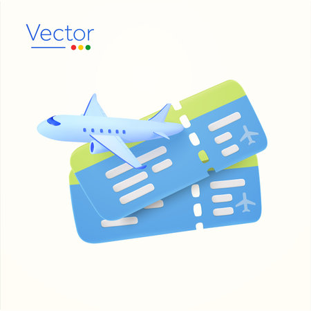 3d airplane with couple of tickets, isolated on white background. Design objects for travel, transportation, tour, holidays. 3d vector illustration. Vector illustrationのイラスト素材